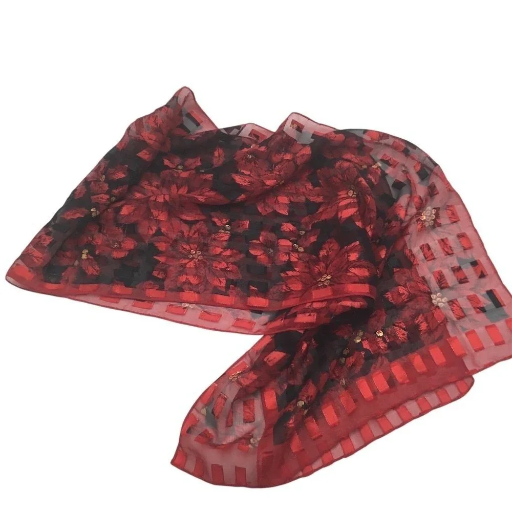 Women's Red Floral Silk Scarf 63